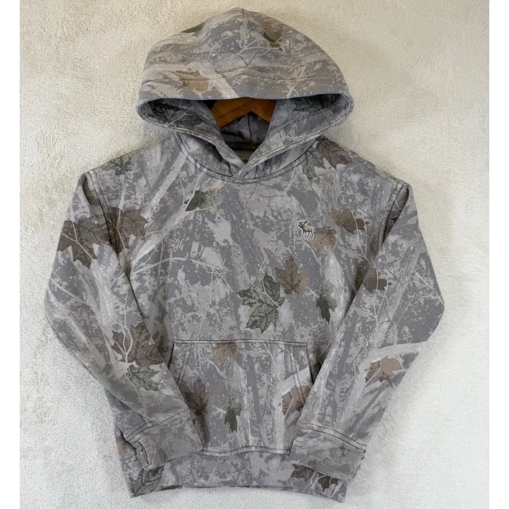Abercrombie Kids A&F Essentials Camo Leaf Print Pullover Hoodie Grey Size 7/8